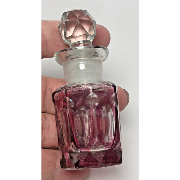 Flashed Cranberry Cut to Clear Vintage Perfume Bottle w/ Stopper Bohemian Glass - Picture 2 of 8
